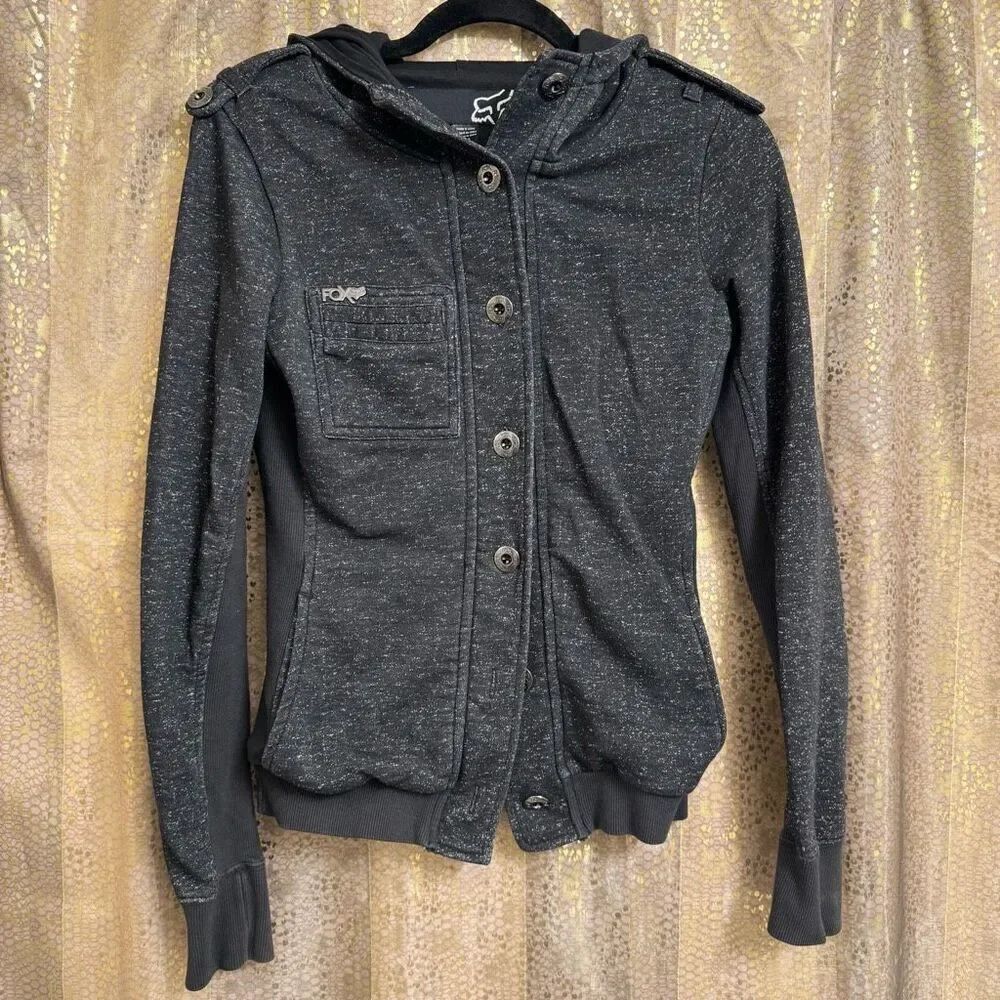 Y2K 2000s Fox Racing Charcoal Gray Button Up Hooded Sweater Womens Small‎